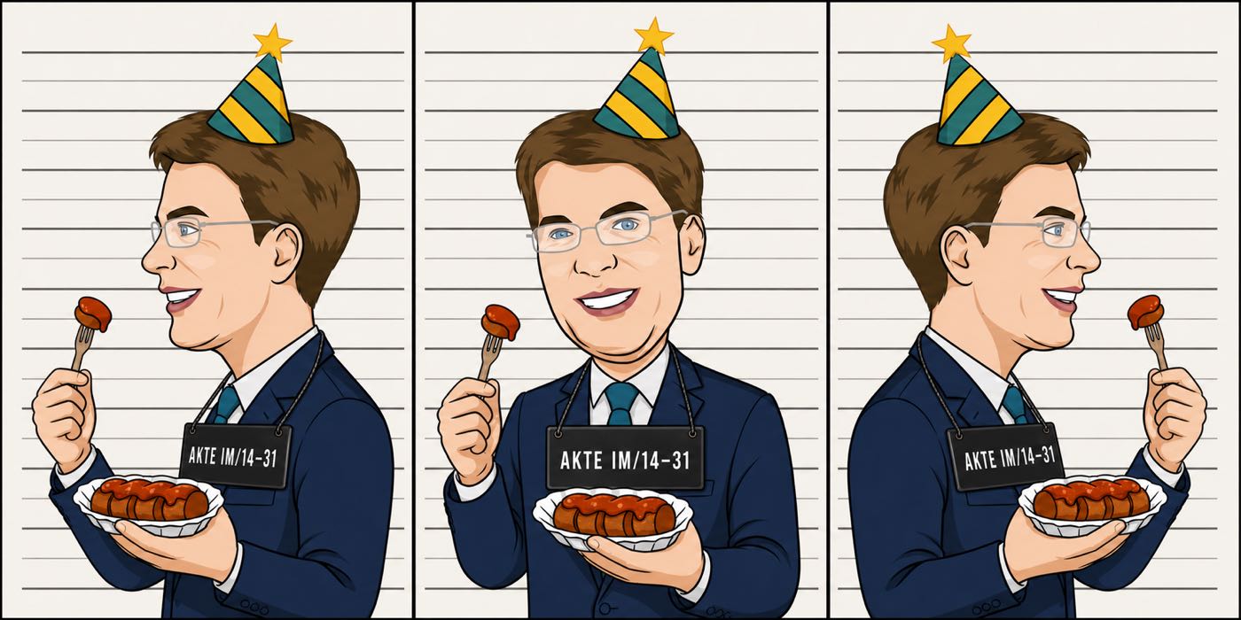 Illustrierte Drei-Ansichten-Aufnahme von Dr. Ingo Meyer vor einer Größenskala, mit Partyhut, Currywurst am Gabel und Schild &bdquo;Akte IM/14-31&ldquo;